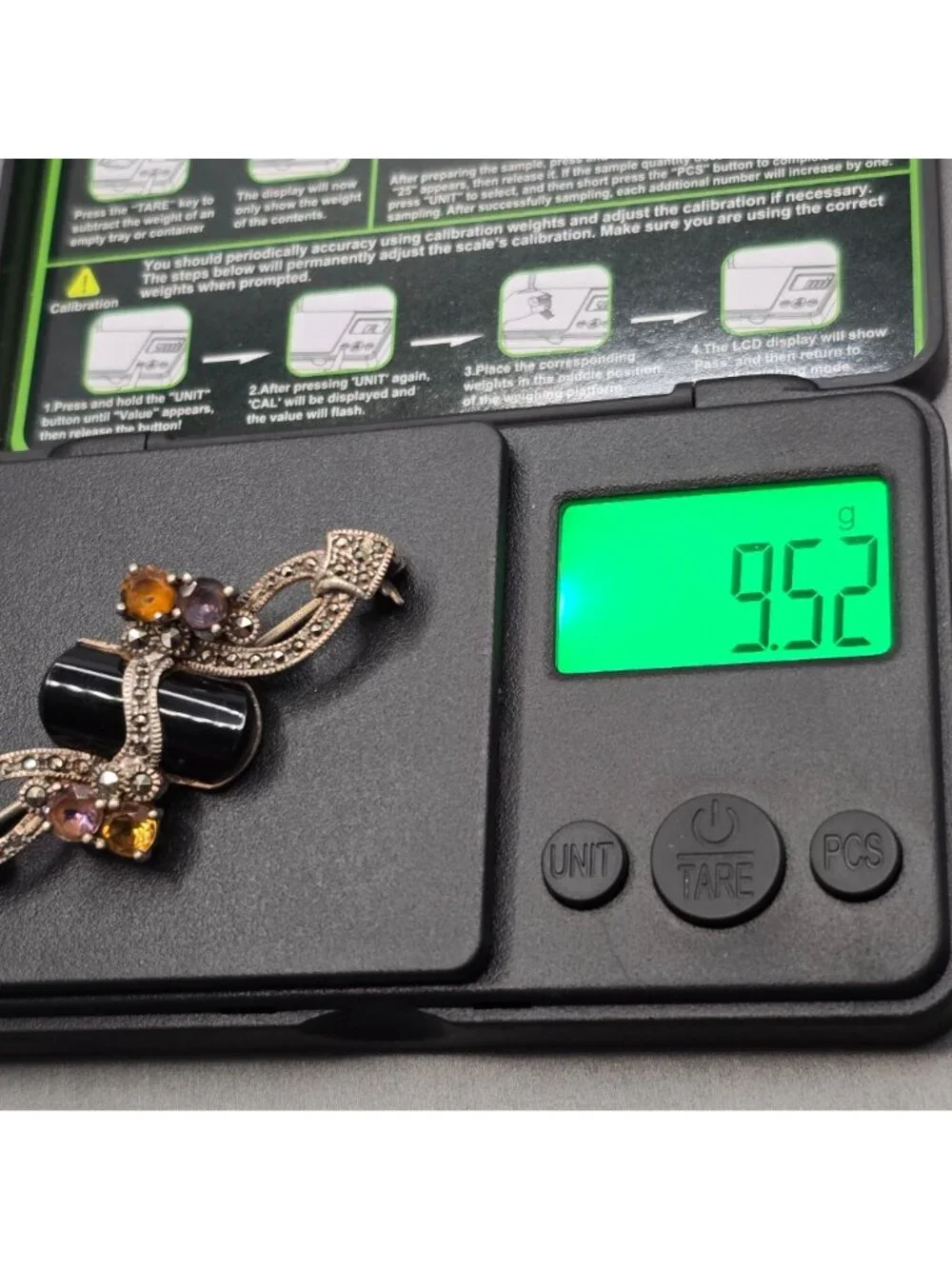 Art Deco Sterling Silver Onyx Amethyst Citrine Marcasite Brooch Vintage C Mark - Picture 15 of 15